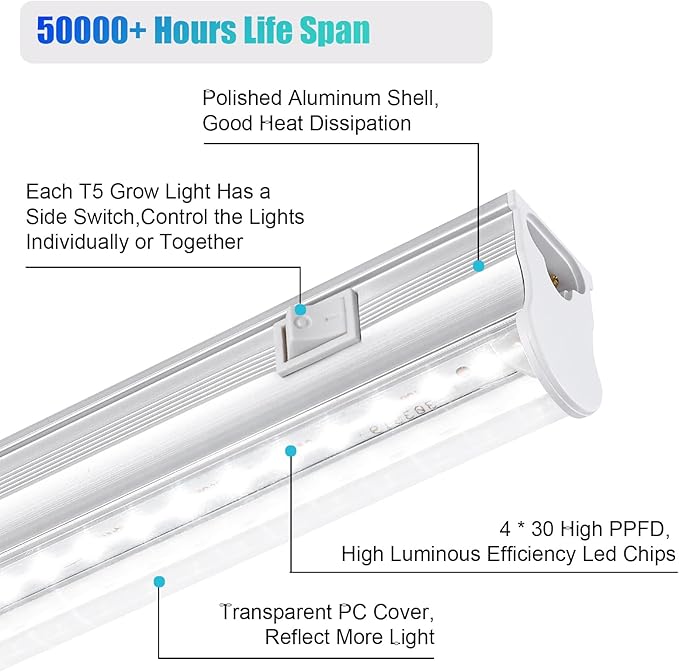 Hywymlait T5 Grow Lights for Indoor Plants, 5000K Full Spectrum, 1FT LED Growing Lamp, Plant Growing Light Strips for Greenhouse Seed Germination, Vegetable Planting, Plug and Use, 4 Pack