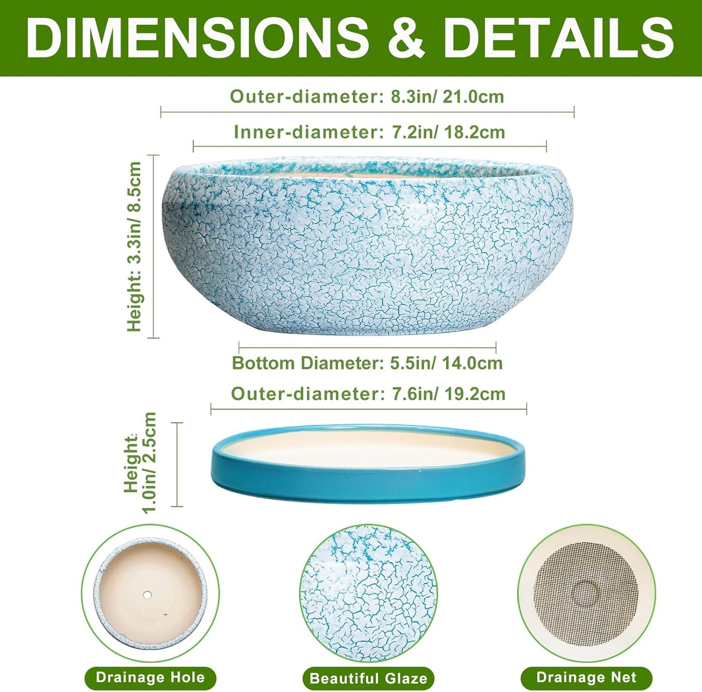 Succulent Pots 8 Inch - Ceramic Bonsai Pots with Drainage Hole and Saucer, Succulent Planters for Indoor Plants Outdoor, Round Shallow Planter Bowl, Porch Decor, Gardening Gifts, Blue