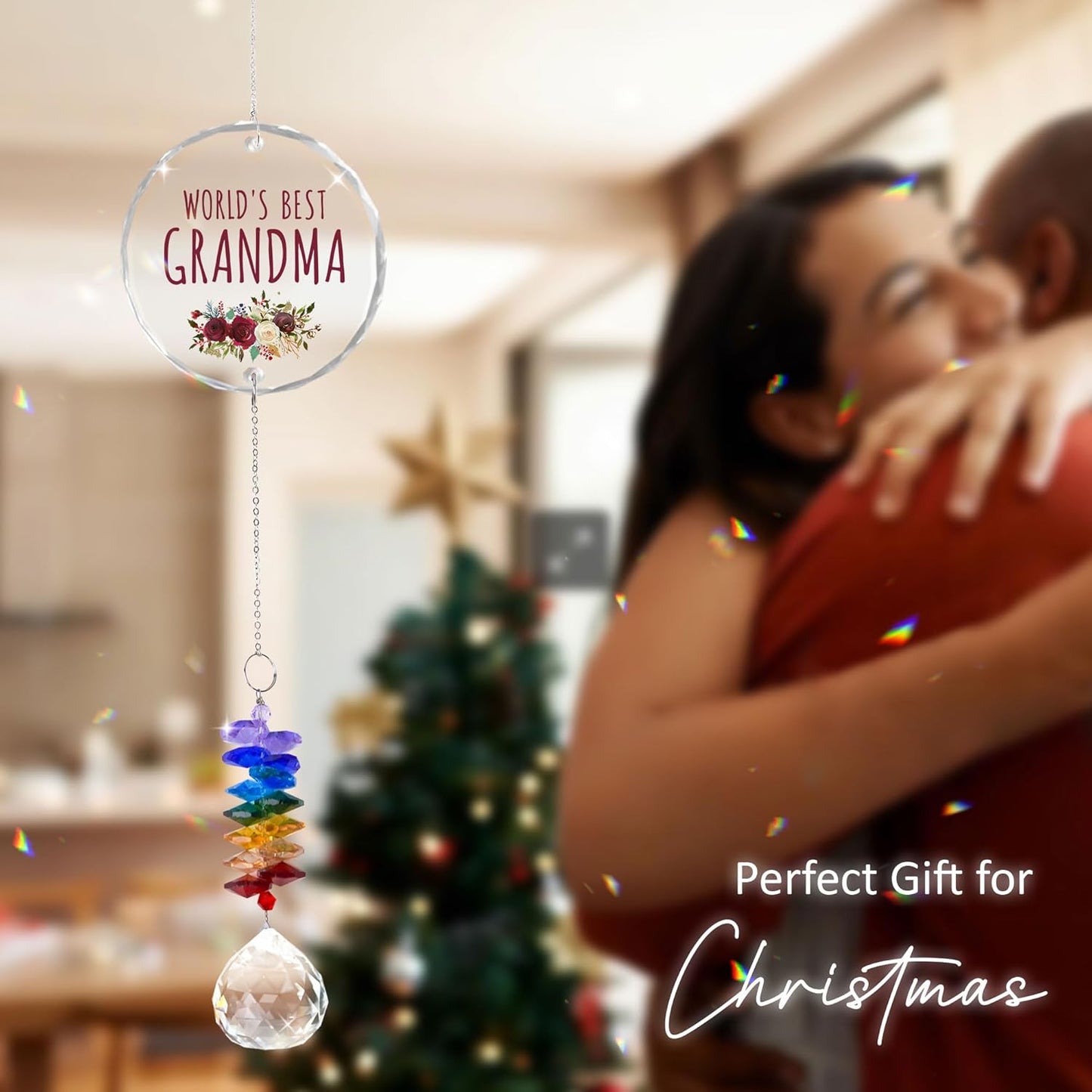 Glass Ornament Suncatcher - World's Best Grandma Birthday Gift for Grandmother - Crystal Rainbow Maker - Gift from Granddaughter Grandson - Window Hangings Home Decor