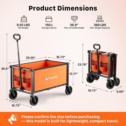 Collapsible Wagon Cart with Wheels, 150L Lightweight Foldable Utility Cart, Portable Rolling Wagon for Garden, Shopping, Sports, Camping, Transport, Orange