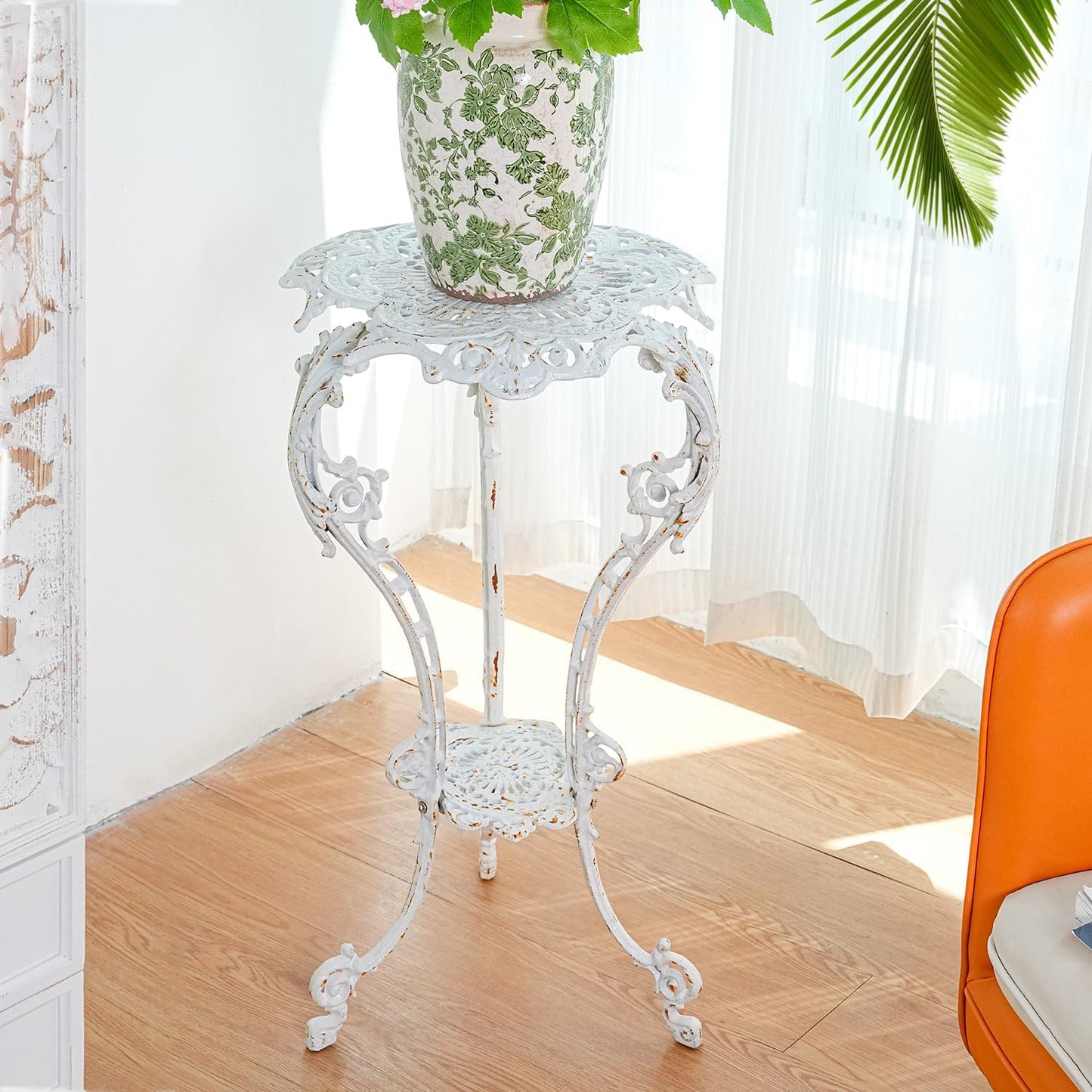 Sungmor Heavy-duty Cast Iron Plant Stand Patio Side Table, 15.3" Wide 27.5" Tall 2-layer Potted Pedestal, Vintage Rust White Planter Holder, Elegant Victorian Style Indoor Outdoor Decorative Pot Stand