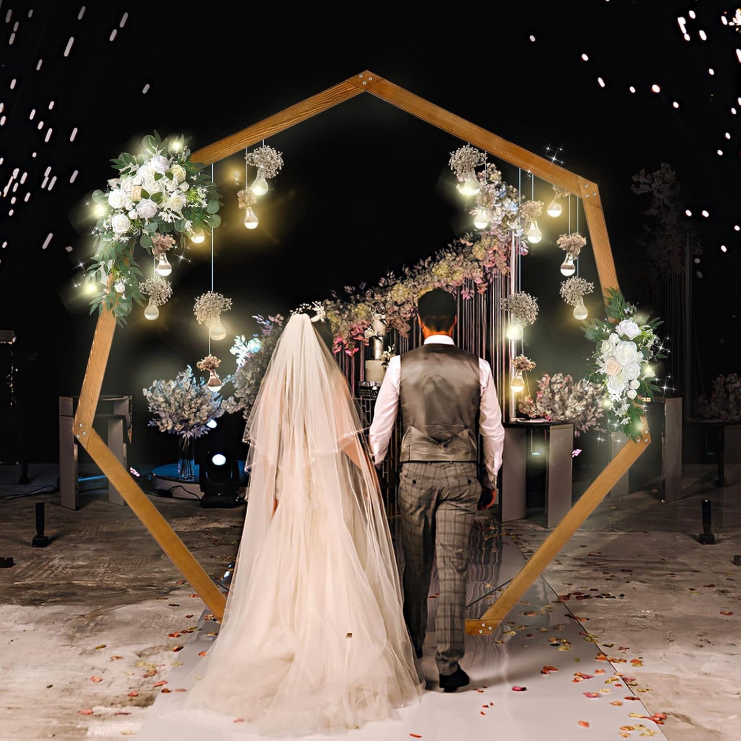Heptagonal Wooden/Wood Arch 7.2FT for Wedding Ceremony, Arbor Backdrop Stand for Garden Parties, Indoor, Outdoor, Autumn Theme, Rustic Decorations