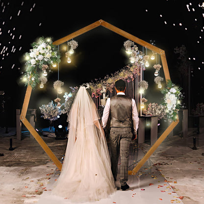 Heptagonal Wooden/Wood Arch 7.2FT for Wedding Ceremony, Arbor Backdrop Stand for Garden Parties, Indoor, Outdoor, Autumn Theme, Rustic Decorations