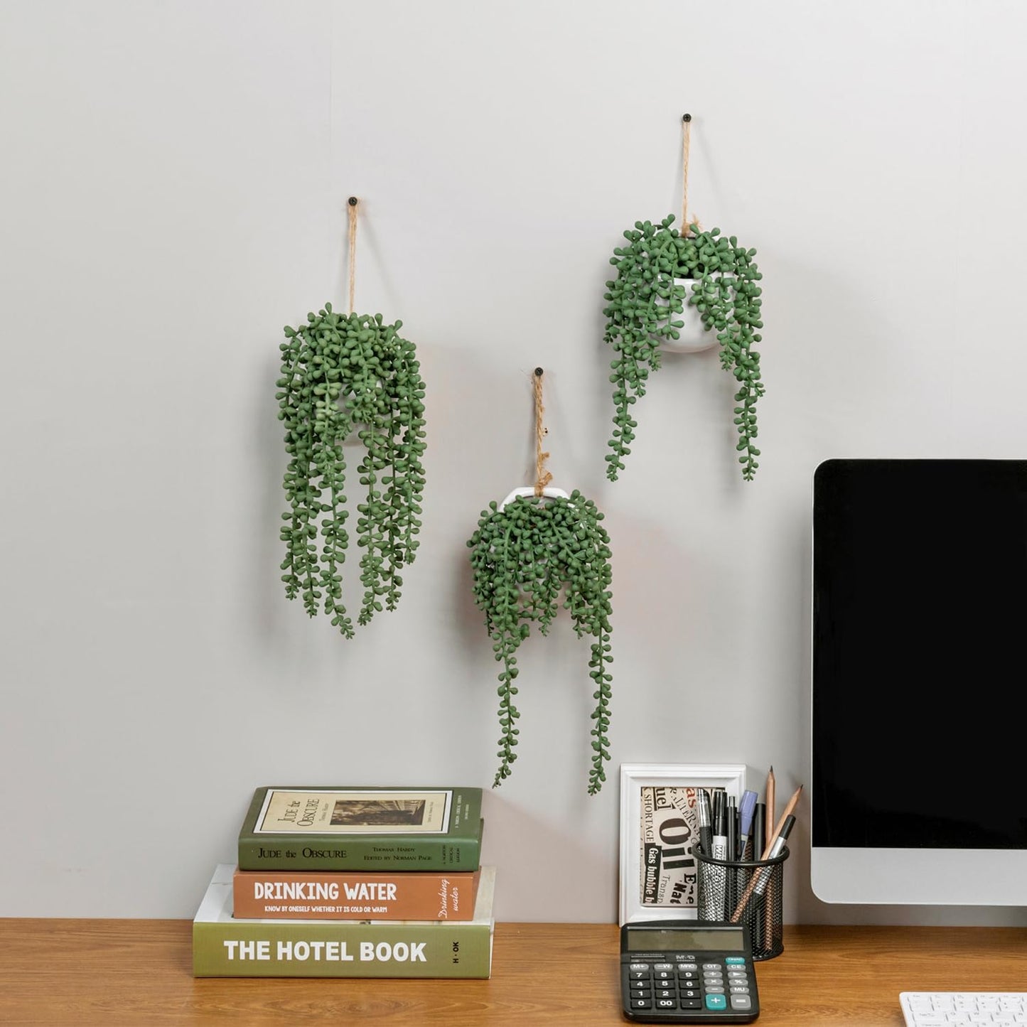 MyGift Artificial Faux String of Pearls Plants in White Ceramic Wall Hanging Planter Pot with Jute Rope, Set of 3