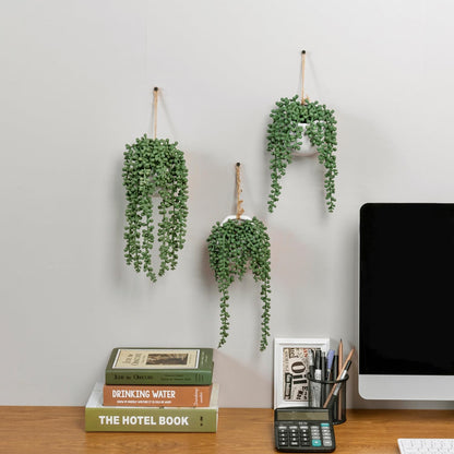 MyGift Artificial Faux String of Pearls Plants in White Ceramic Wall Hanging Planter Pot with Jute Rope, Set of 3