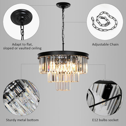 Crystal Chandeliers for Dining Room Lights Fixtures, 9 Lights Black Modern Chandeliers for Bedroom, 3-Tier Round Crystal Lighting Fixtures for Living Room Entryway Kitchen Island D20 Inch