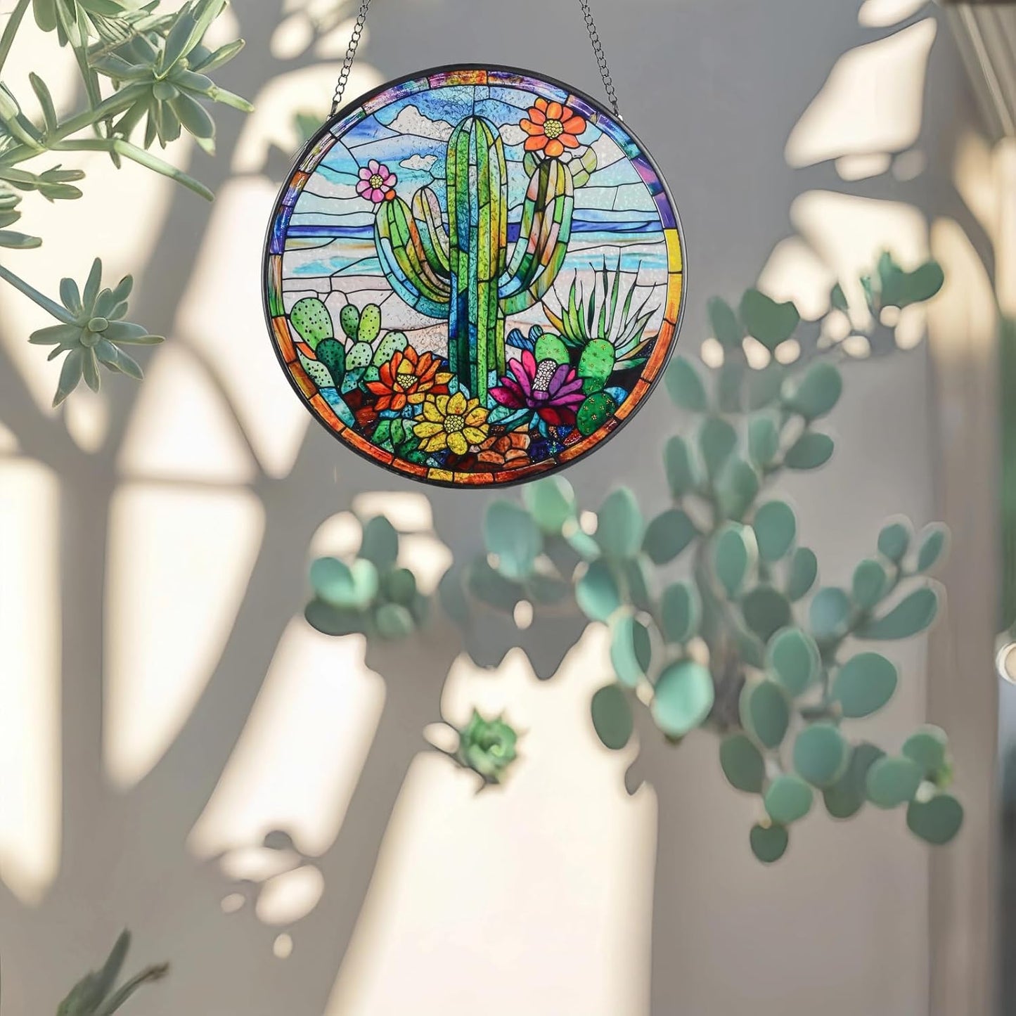 Cactus Suncatcher Decor, Cactus Stained Glass Window Art Beach Decor Sea Glass Hanging - 7.9" Outdoor/Indoor Art Decor for Home Garden