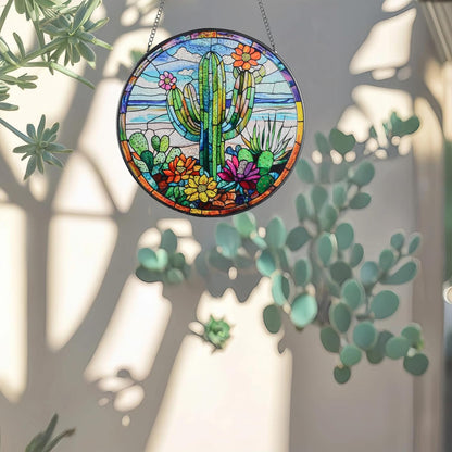 Cactus Suncatcher Decor, Cactus Stained Glass Window Art Beach Decor Sea Glass Hanging - 7.9" Outdoor/Indoor Art Decor for Home Garden