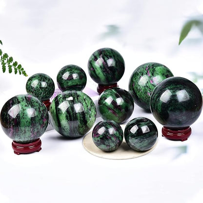 JIC Gem Large Gemstone Sphere Ball Ruby Zoisite Healing Crystal Ball Red&Green Crystal Sphere with Wood Stand Crystal Decorative Ball Home Decoration (90-100mm)
