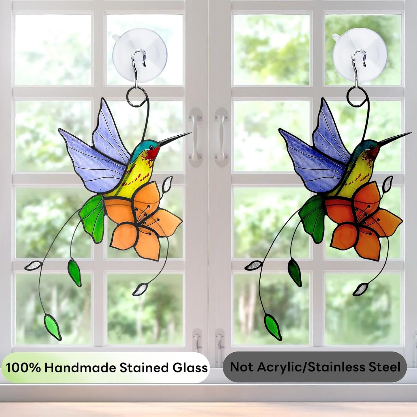 Handmade Stained Glass Hummingbird Suncatcher, Lavender-Purple Bird with Peach-Fuzz Flower Window Hanging Decor, Art Glass Ornament, Unique Gifts for Mom, Bird Lovers & Home Decoration