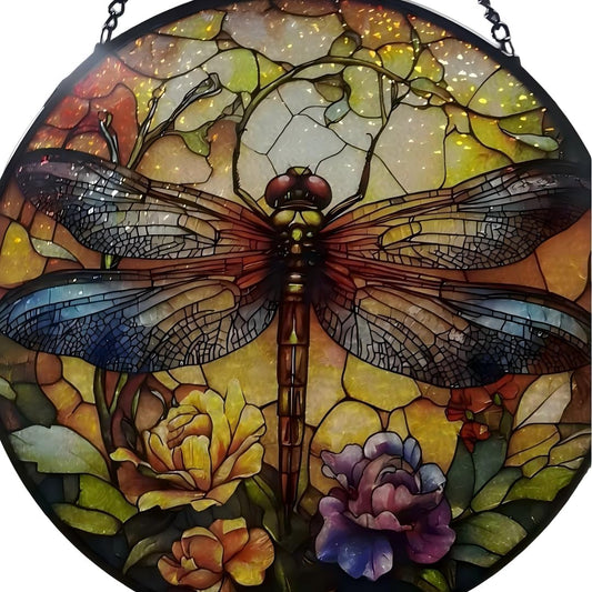 Dragonfly Handmade Stained Glass Window Hanging Suncatcher with Chain - 7.9" Outdoor/Indoor Art