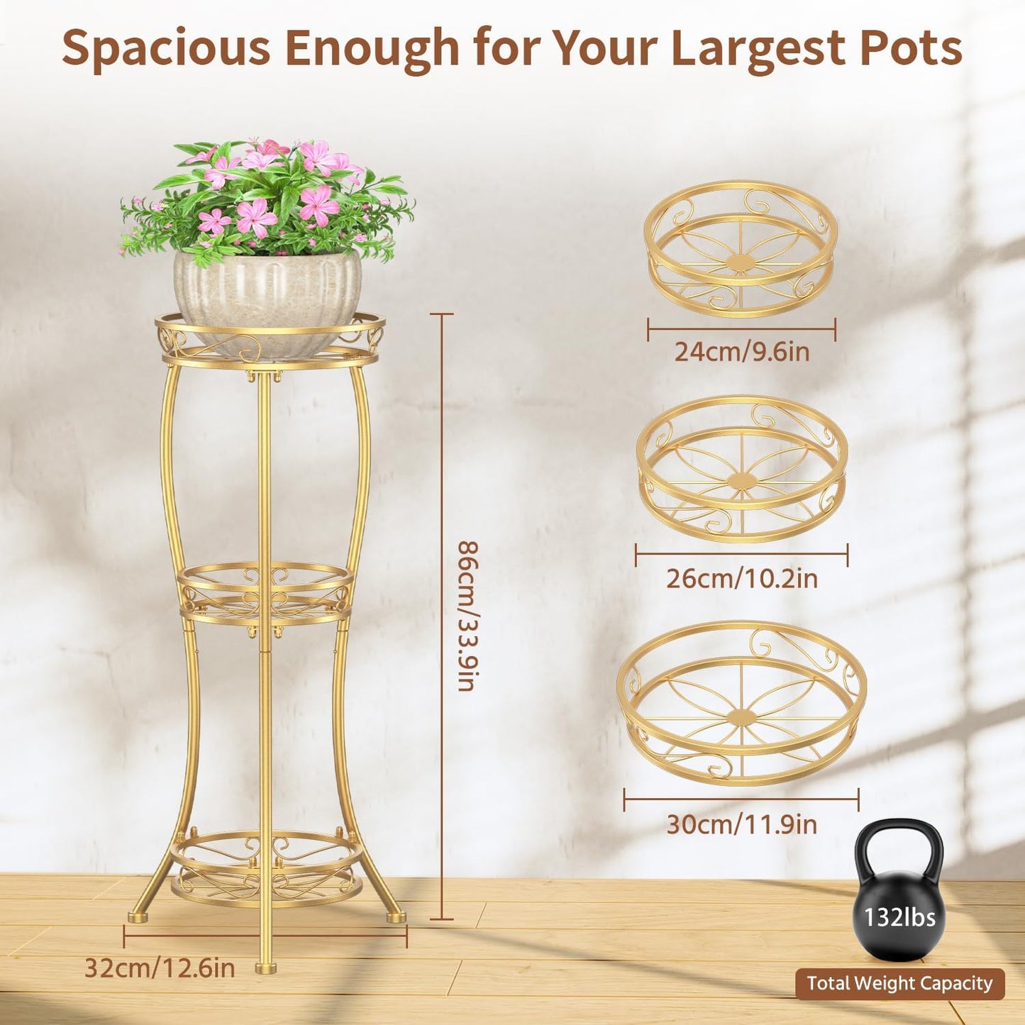 LASZOLA Gold 3 Tier Tall Plant Stand for Indoor Outdoor, Large Multiple Level Flower Planter Holder Organizer Rack for Patio Office Bathroom Corner Floor, Sturdy Heavy Duty Metal, Vertical Display