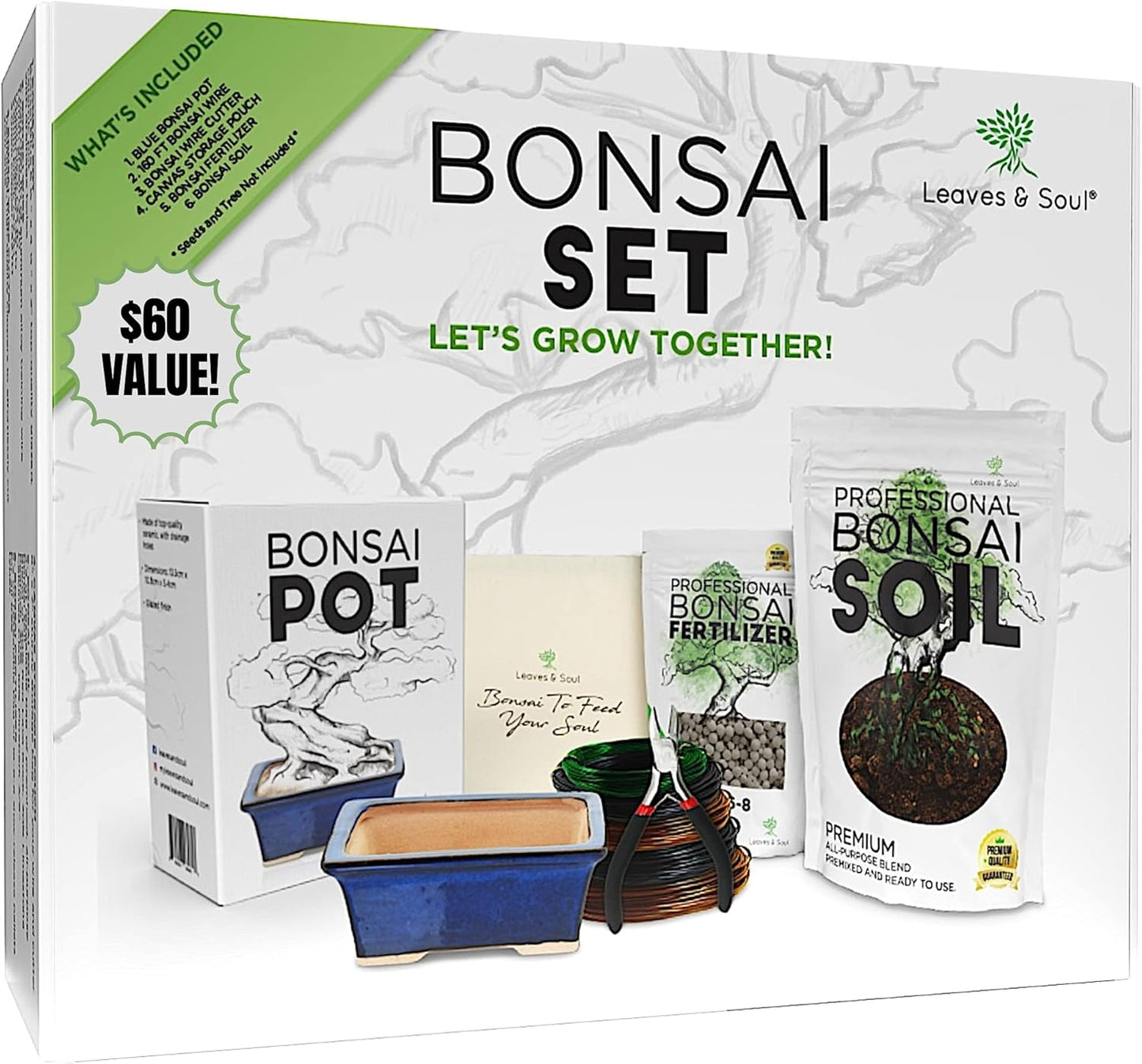 Leaves and Soul Complete Bonsai Set - Small Blue Rectangle Bonsai Pot | 160ft of Bonsai Hobby Wire | Wire Cutter | Bonsai Soil | Bonsai Fertilizer | Storage Bag