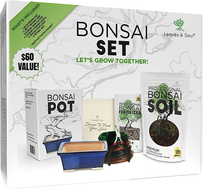 Leaves and Soul Complete Bonsai Set - Small Blue Rectangle Bonsai Pot | 160ft of Bonsai Hobby Wire | Wire Cutter | Bonsai Soil | Bonsai Fertilizer | Storage Bag
