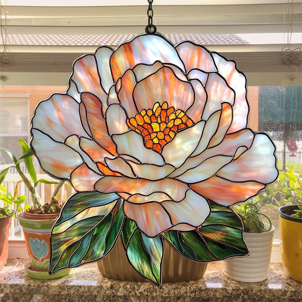 Pastel Pink Peony Acrylic Suncatcher Stained Glass Effect Window Car Hanging Christmas Ornament Indoor Outdoor Decor Garden Sun Catcher Panel for Peony Lover for Women Mom Grandma