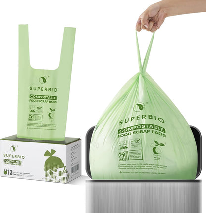SUPERBIO 13 Gallon Compostable Kitchen Waste Bags with Handles, Food Scrap Bags Certified by BPI, OK compost INDUSTRIAL, 30 Count, 49.2L