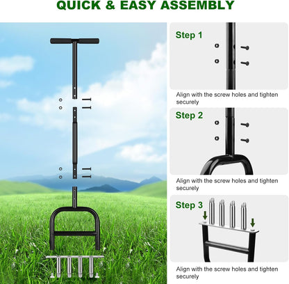 Lawn Core Aerator Tool Coring Grass Aerator Lawn Tool 4 Hollow Tines for Efficient Aeration Heavy Duty Steel Manual Plug Aerator for Lawn Care/Yard Soil Loosening/Grass Maintenance