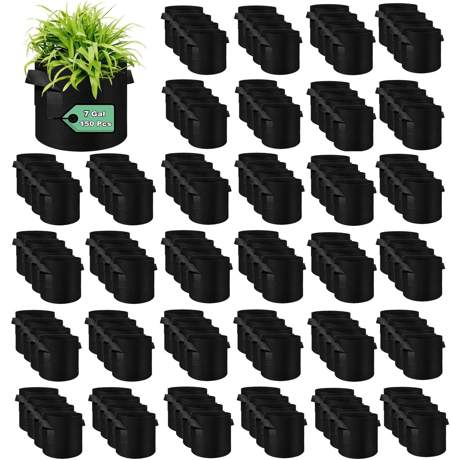 150-Pack 7 Gallon Grow Bags Bulk, Heavy Duty Thickened Nonwoven Fabric Pots with Handles, Felt Breathable Planter Bag, Garden Growing Bag for Vegetable Flower Plants Fruits, Black