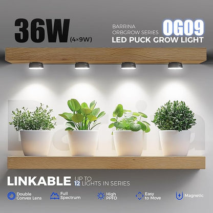 Barrina Orbgrow OG09 Puck Grow Light, 5000K 36W(4 x 9W, 540 Watt Equiv), Full Spectrum Plant Light for Indoor Plants, Magnetic & Linkable with Timer, 5 Levels Dimmable for Plant Shelf, 4 Packs, Black