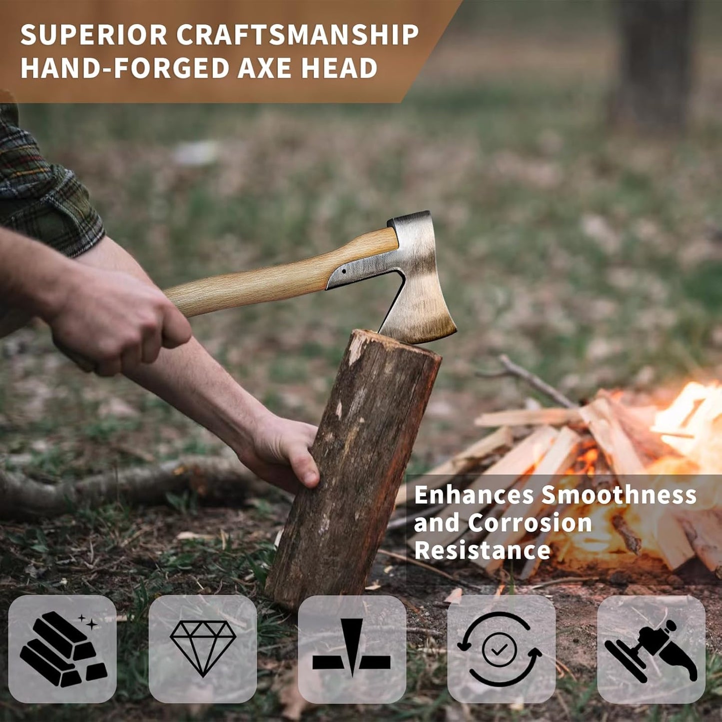 Camping Axe, 15'' Hatchet for Wood Splitting and Chopping, Gardening Small Axe Wooden Handle Tools with Sheath for Camping, Hiking (15inch)