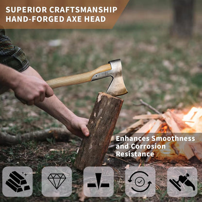 Camping Axe, 15'' Hatchet for Wood Splitting and Chopping, Gardening Small Axe Wooden Handle Tools with Sheath for Camping, Hiking (15inch)