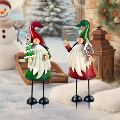 HONGLAND Outdoor Christmas Decorations, 2 PCS Metal Gnome Yard Art Christmas Gnomes 18 Inch Gnome Xmas Decorations for Outside Holiday Lawn Patio Yard Garden Decor