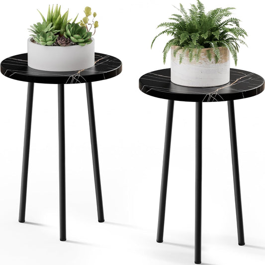 Plant Stand Indoor 2 Pack: Corner Wood 20 Inch Plant Stand Mid Century Modern Decor - Small Round Plant Table for Indoor Plants - Plant Holder for Patio Living Room Bathroom Office (Black Marble)