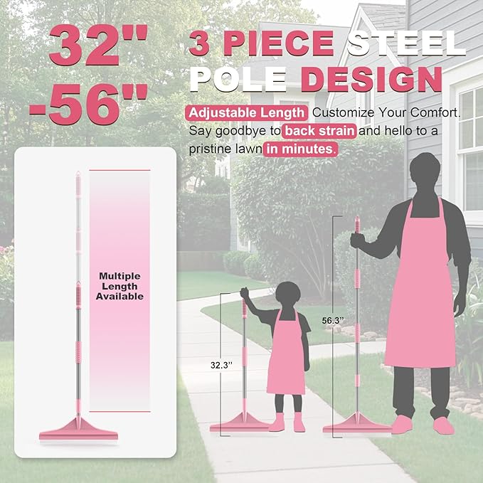 Artificial Turf Rake with Steel Telescopic Handle, 32 to 55 Inch 3 Piece-Pole Easy Storage Design, Garden Hand Boom Rake for Artificial Grass, Carpet Pet Hair, Lawn Leaves and Debris Remove, Pink