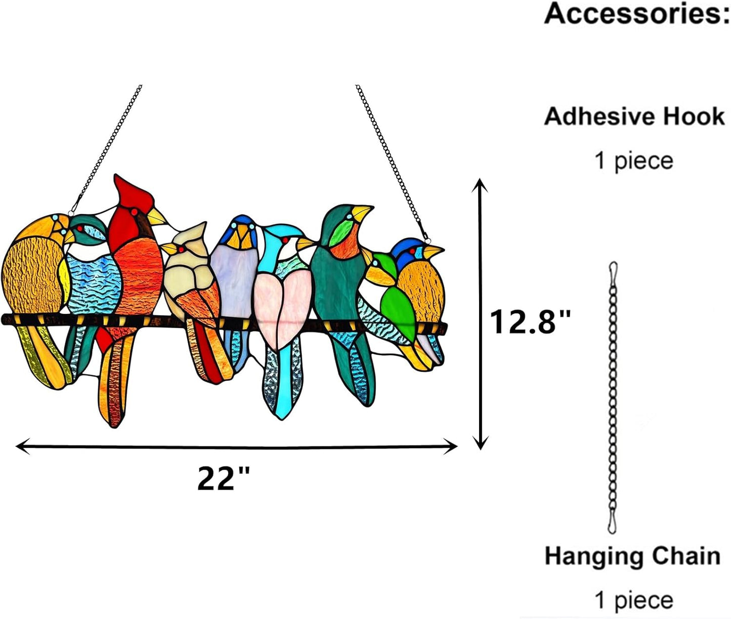 Stained Glass Birds Window Hangings, 9 Multicolor Stained Glass Birds on Branch Suncatcher, Handmade Tiffany Style Bird Lovers Gifts Decor for Mother, Women.