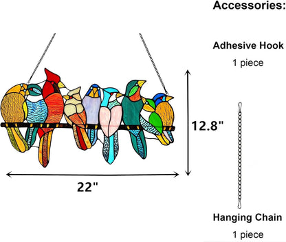 Stained Glass Birds Window Hangings, 9 Multicolor Stained Glass Birds on Branch Suncatcher, Handmade Tiffany Style Bird Lovers Gifts Decor for Mother, Women.