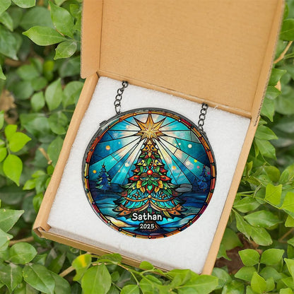 Personalized Stained Glass Christmas Tree Suncatcher, Christmas Handcraft Holiday Ornament with Name and Number, Gift for Family or Friend, Gift for Décor