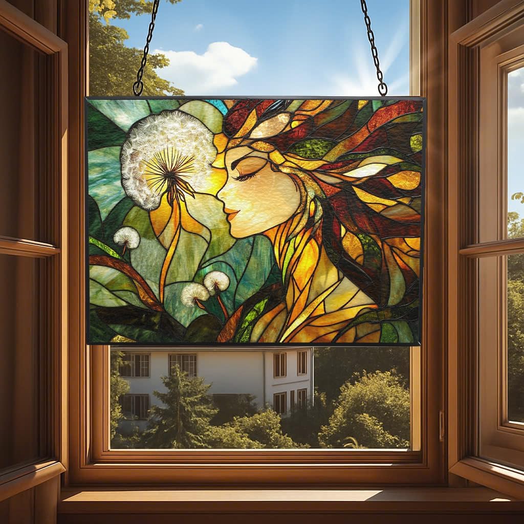 Rectangle Art Nouveau Dandelion Forest Fairy Stained Glass Window Hanging Window Suncatcher Glass Panel with Metal Chain Sun Catchers Wall Art Home Decor Gift for Women Mother's Day