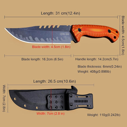 BA-KOR 12.4in Full Tang Fixed Blade Hunting Knife – 6mm 9CR18MoV Steel, G10 Handle, Stonewashed Sawback Blade with Kydex Sheath & Fire Starter for Outdoor, Camping, Survival (Orange with light yellow stripes)