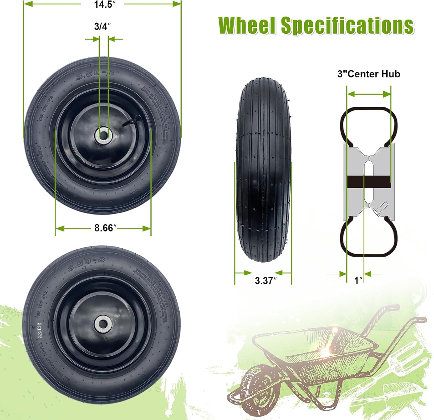 2-Pack 14.5-Inch Wheelbarrow Tire.3.50-8" Pneumatic Tires and wheels with 3"- 6" Center Hub and 3/4" Bushings for Wheelbarrow Lawn Mover Replacement.