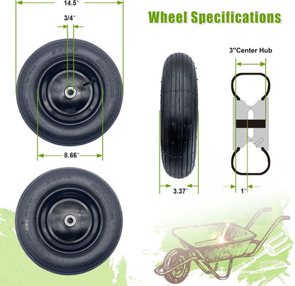 2-Pack 14.5-Inch Wheelbarrow Tire.3.50-8" Pneumatic Tires and wheels with 3"- 6" Center Hub and 3/4" Bushings for Wheelbarrow Lawn Mover Replacement.