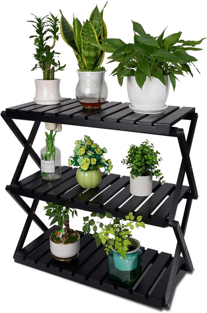 BEEFURNI Acacia Stand Indoor, Wooden Outdoor Plant Stand, Foldable Corner, 3 Tier Plant Stand, Easy Assembly, Plant Bench Patio Balcony Sunroom Decor, Christmas Gift, 1-year Warranty