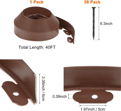 Garden Edging - 40 Feet Plastic Garden Edging Border with 36 PCS Spikes Apply to Flower Beds/Grass Lawn/Yard (40FT x 2.36IN, Dark Brown)