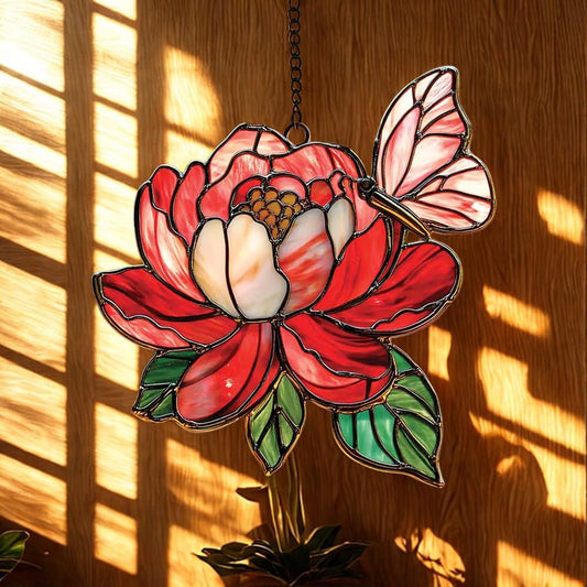 Butterfly and Peony Acrylic Suncatcher Stained Glass Effect Window Car Hanging Christmas Ornament
