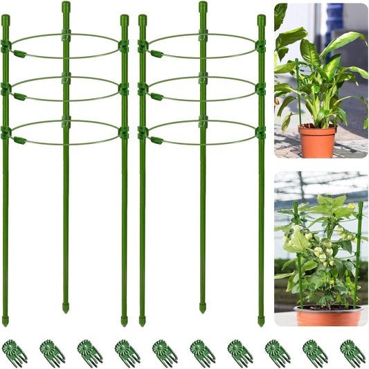 Halatool 2 Packs Tomato Cage Plant Support Cages for Garden 18 inches Adjustable Tomato Cage Cucumber Trellis Plant Support Stakes with 10 Pcs Plant Clips for Climbing Plants, Potted Plants