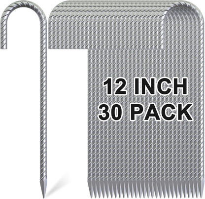 Rebar Stakes 12 Inch, 30 Pack Galvanized Metal Tent Stakes Heavy Duty Ground Stakes, J Hook Steel Fence Stakes for Ground, Outdoor Decoration, Wire Fencing, Gardening
