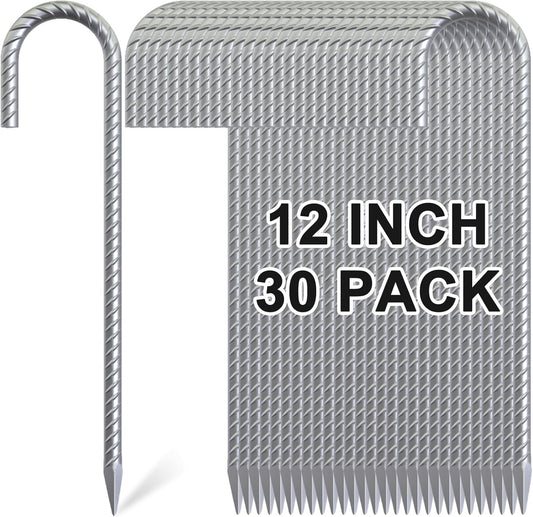 Rebar Stakes 12 Inch, 30 Pack Galvanized Metal Tent Stakes Heavy Duty Ground Stakes, J Hook Steel Fence Stakes for Ground, Outdoor Decoration, Wire Fencing, Gardening