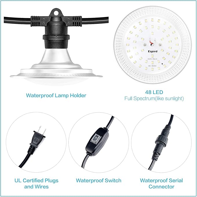 Espird 12-Light LED Grow Lights Plant Growing Lamps with Timer, Outdoor Waterproof String Grow Lights for Greenhouse, Full Spectrum Grow Light for Seeding Veg Flowers