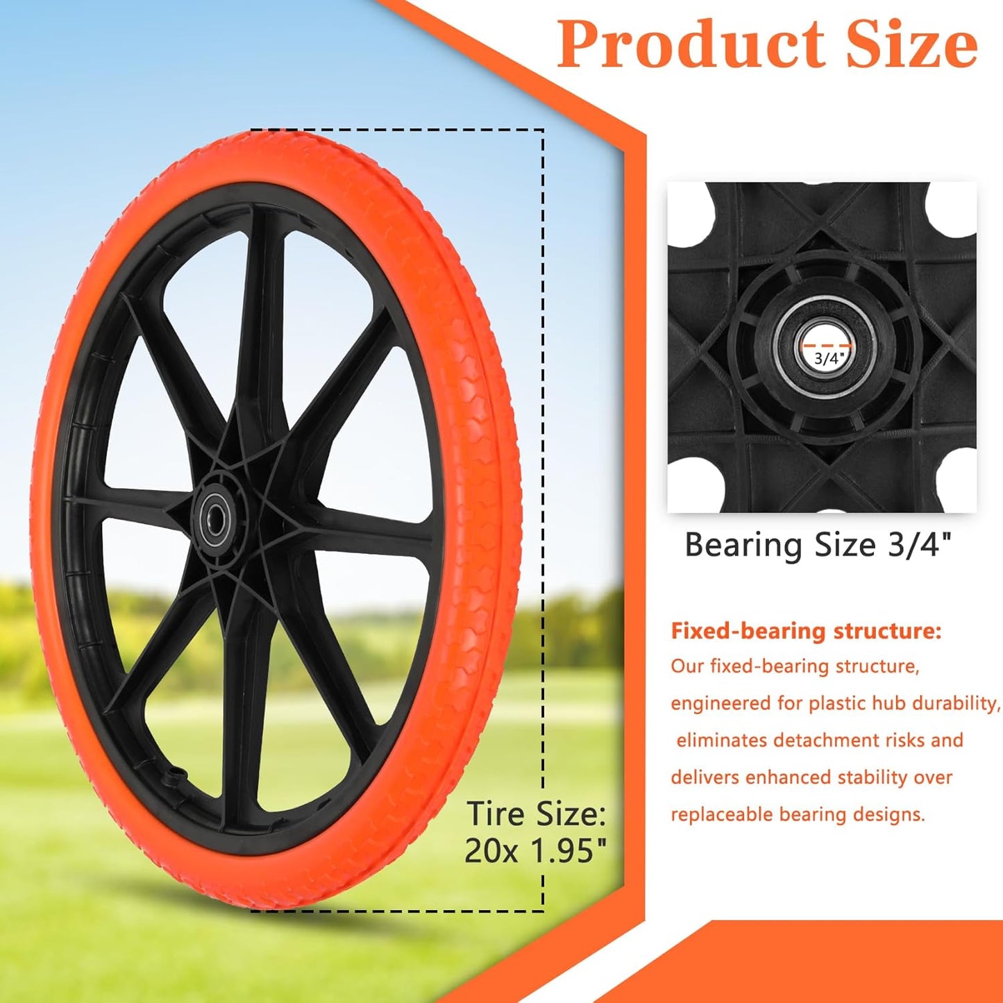 Upgraded 20x1.95" Flat Free Tires Compatible with rubber-maid Wheelbarrow Wheels, 20" Flat Free Tires with 3/4" Bearing Replacement for rubber-maid Cart Wheels/Big Wheel Utility Carts(3/4" Bearing)