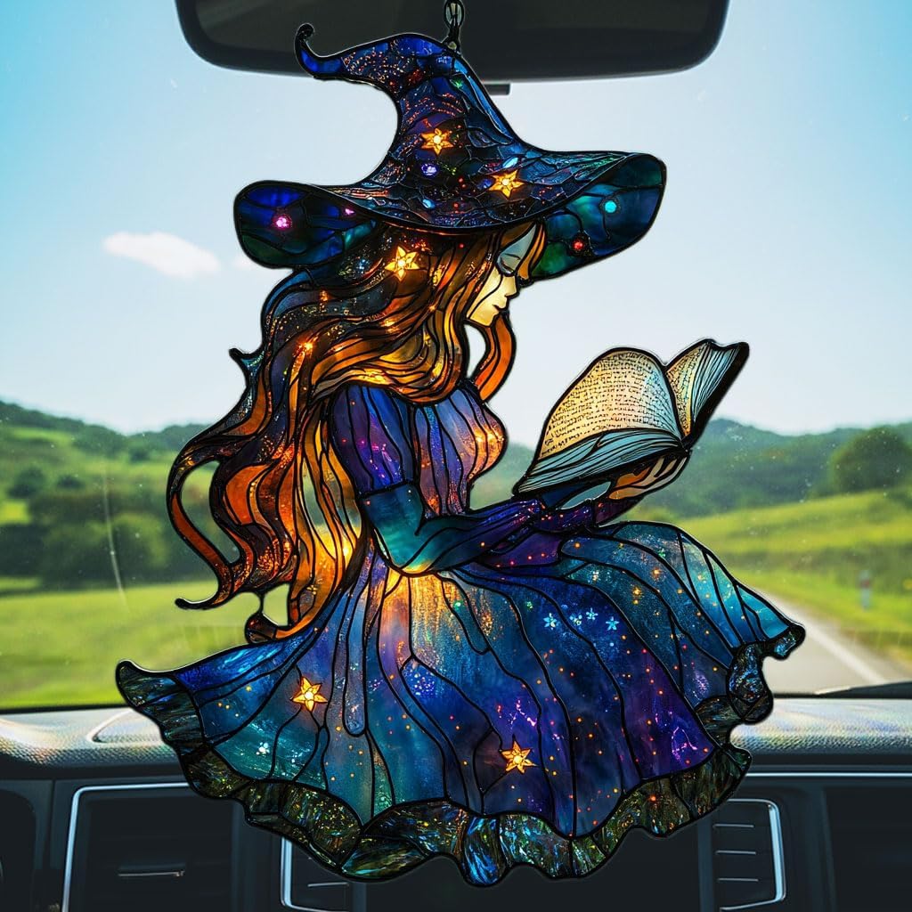 Cute Wizard Reading Books Acrylic Suncatcher Stained Glass Effect Window Car Hanging Christmas Ornament Indoor Outdoor Decor Garden Sun Catcher Panel for Book Lover for Women Mom Grandma