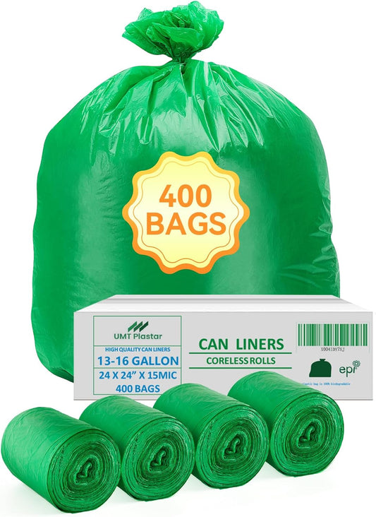 400 Count 100% Biodegradable and Compostable Trash Bags, 13-16 Gallon, 15 Microns, 24x24 Inches
