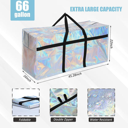 4 Pcs 66 Gallon Large Moving Bags with Zipper and Handles Foldable Storage Duffle Bags Heavy Duty Extra Large Totes for College Dorm Travel Clothes Blankets Bedding Moving (Iridescent)