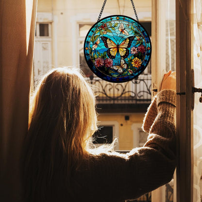 Butterfly Stained Glass Window Hanging, Suncatcher Panel for Window Decor for Indoor Outdoor, Garden Wall Stained Glass for Home, Butterfly Ornament Birthday Gifts for Boys and Girls, Housewarming