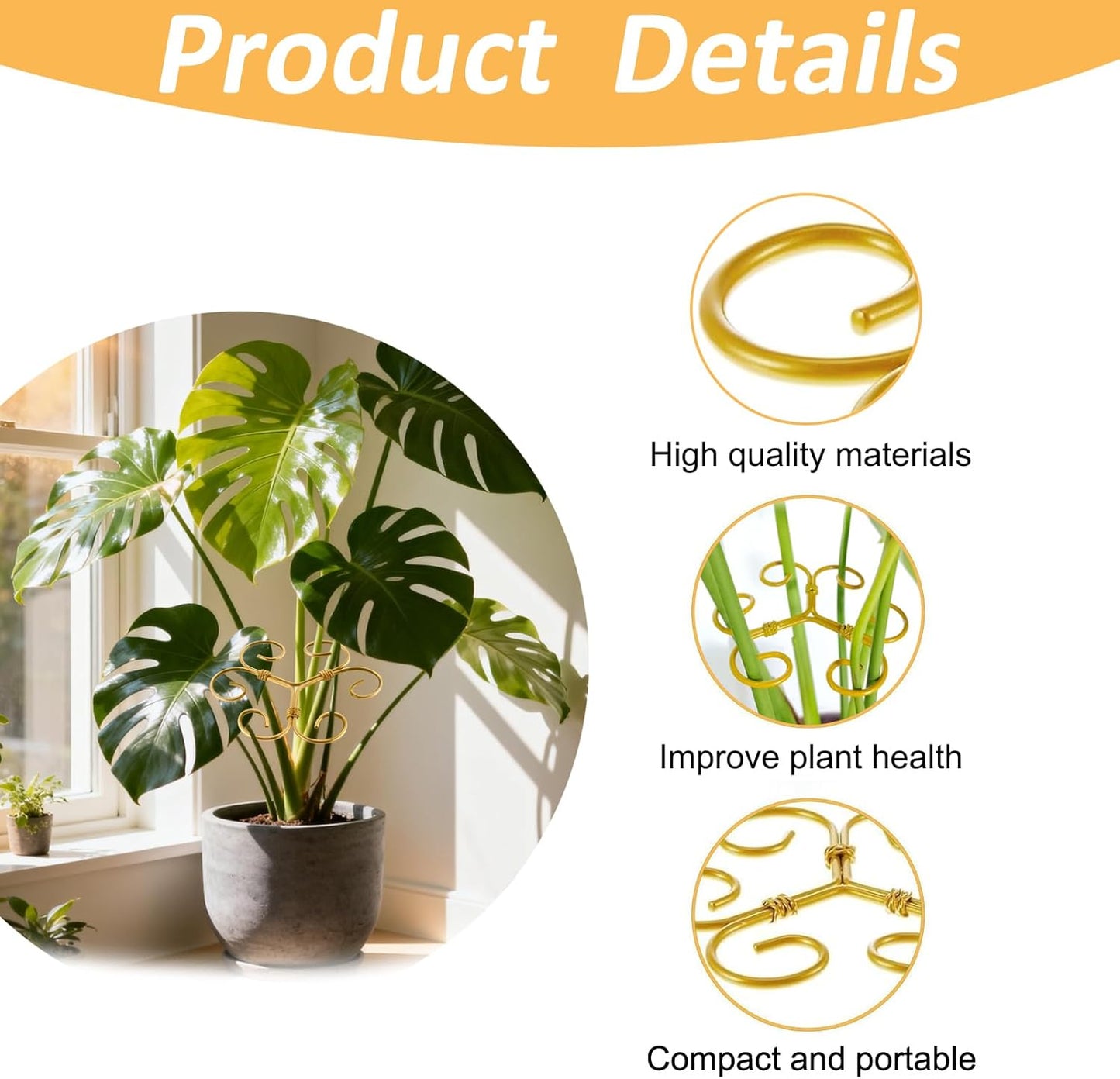 5 Pcs Plant Stem Support, 2025 Iron Monstera Plants Support, Heart Shaped Plant Support, Bamboo Clamp Set for Leaf Stabilization and Support for Outdoor & Indoor Growing Climbing Plants (Gold-5 Pcs)