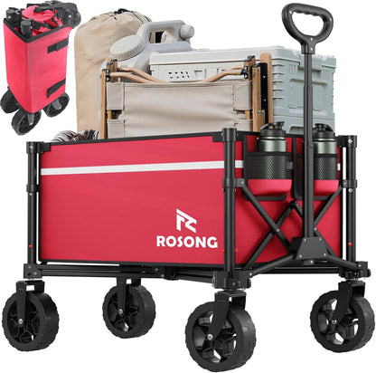Collapsible Wagon Cart with Wheels Foldable - Folding Utility Heavy Duty Wagons Carts for Grocery Sports Garden Shopping Camping Wheelbarrows (Burgundy, 90L)