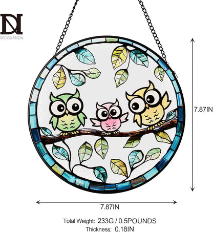 7.87” Owl Stained Glass Suncatcher - Hand-Painted Colorful Owls on Tree Window Hanging with Metal Chain, Vibrant Bird Decor for Indoor/Outdoor - Gift for Women, Mothers Day & Bird Lovers